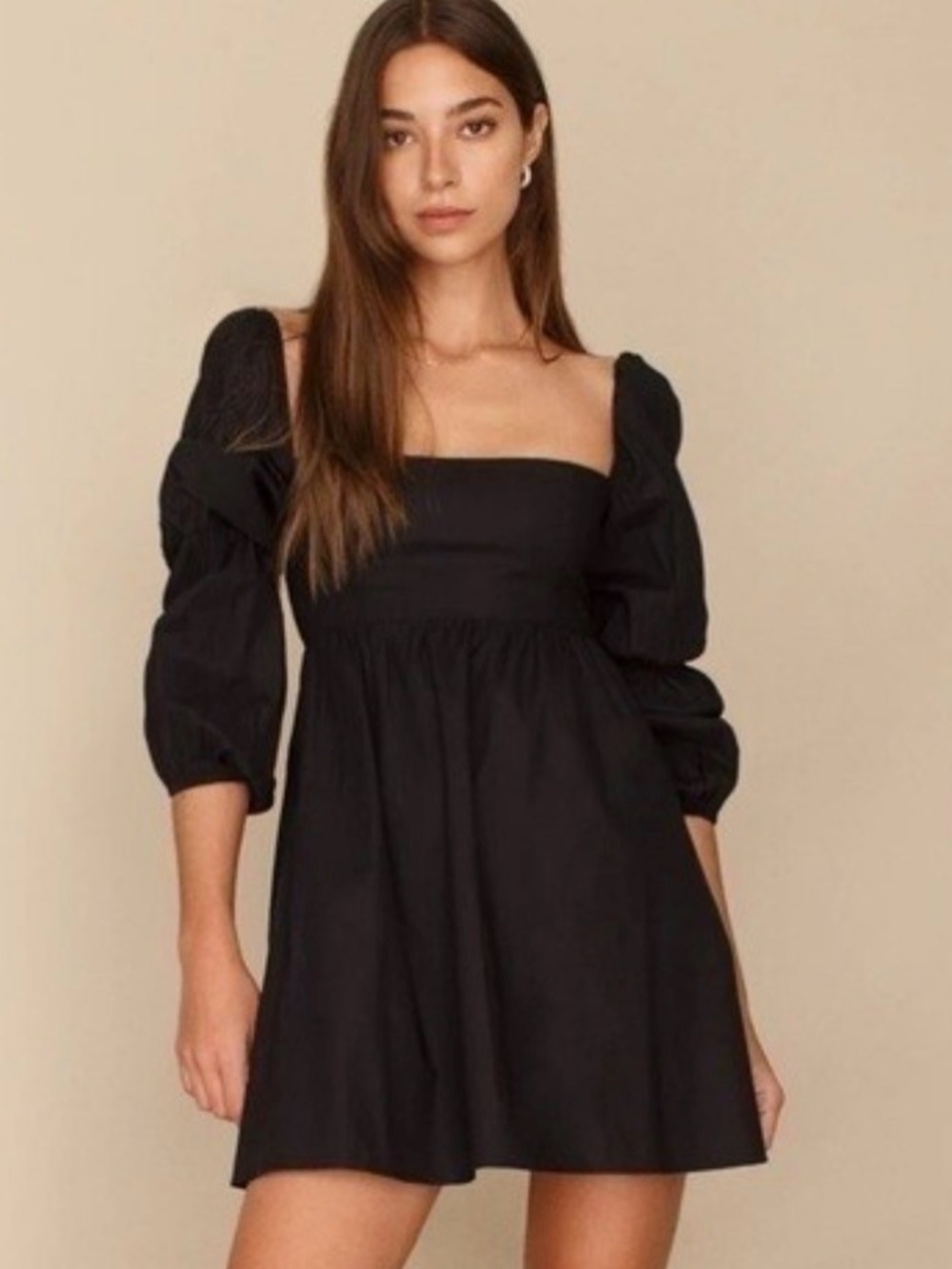 Reformation Square Neck Long Sleeve Black Babydoll Dress Sze 8